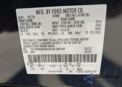 2016 Ford Explorer Xlt из США, поврежденный, VIN 1FM5K8D83GGC28747